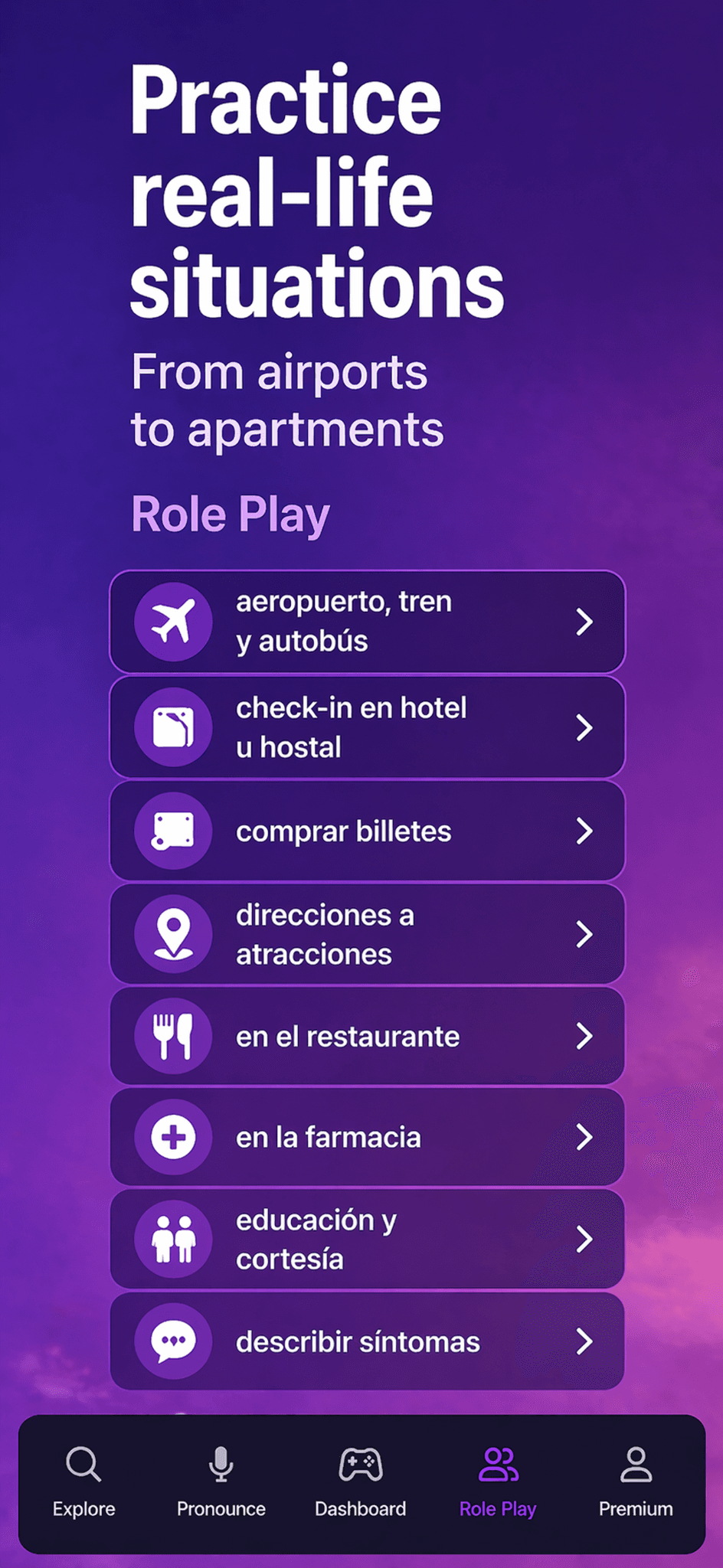 Applingo real-life language practice screen with everyday situations